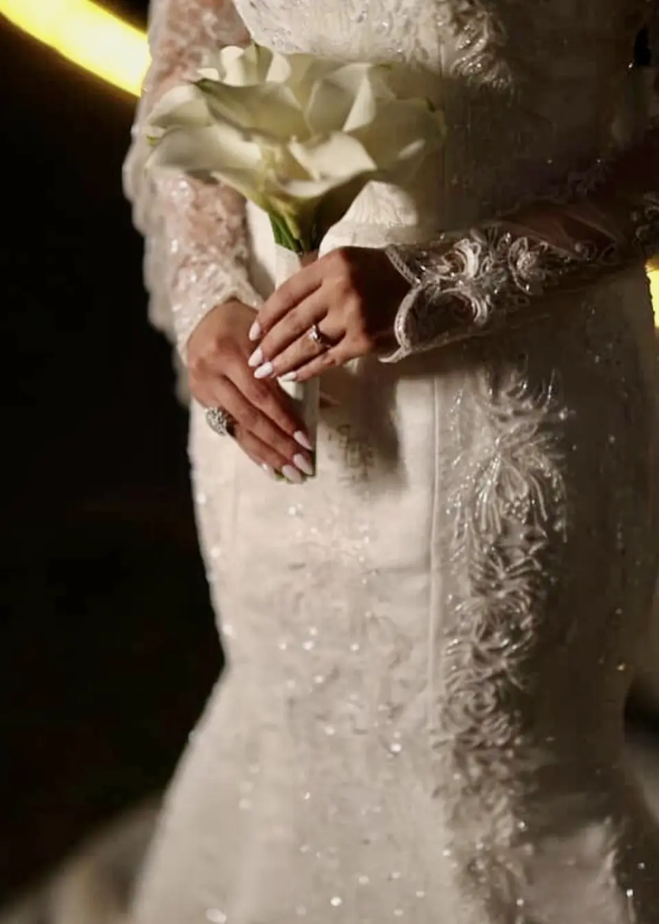 Long-sleeved beaded lace mermaid wedding dress with embroidered side panels