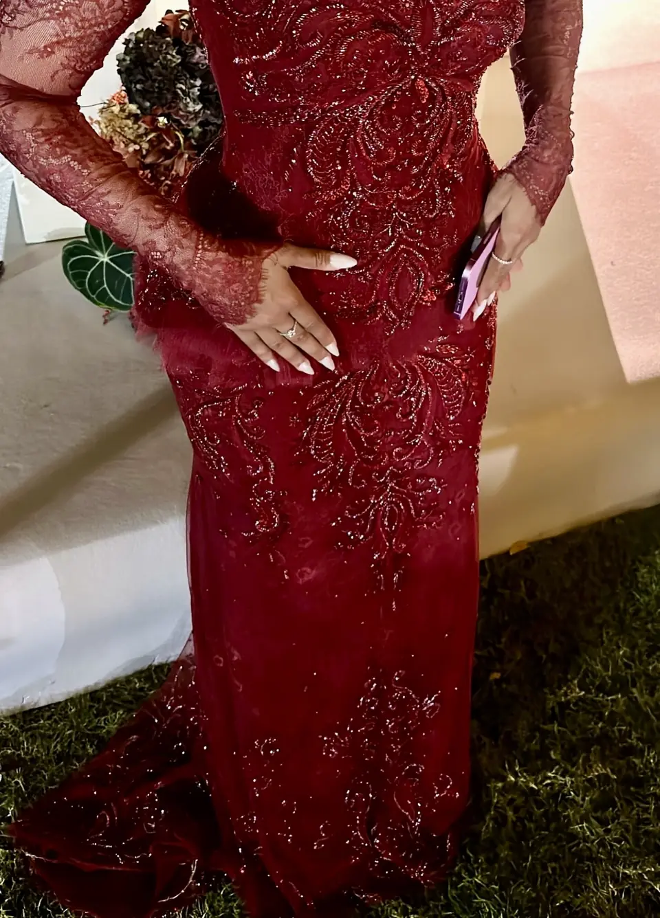 Burgundy beaded lace evening gown with long Chantilly lace sleeves
