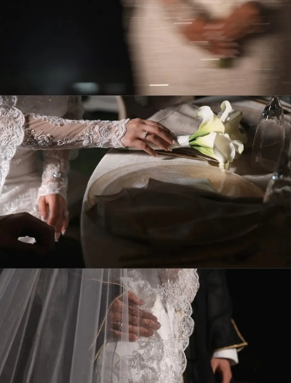 Three cinematic details of a lace wedding gown with a long embroidered veil